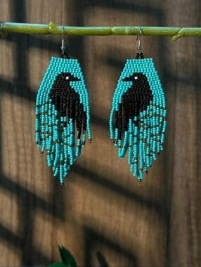 Handmade Turquoise & Black Beaded Raven Fringe Earrings